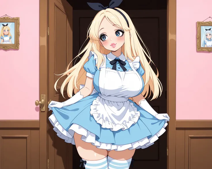 big lips, masterpiece, top quality, Super Detailed, Stylish, pastel colors that float on waterの柔らかく鮮やかなアニメスタイルのイラスト, Animated illustrations with a cute, sexual style, anime style, anime style, Alice's moture in her 50s, full plump glossy lips, Blonde hair,...