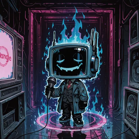 [The Horror Radio], (masterpiece, best quality:1.2), (high detail, sharp lighting), solo, 1boy, craze_face, radio_head, vintage television face, glowing circle eyes, glitch_face, (sing, holding a microphone:1.2), chibi, (blue aura:1.6), blue digital distor...