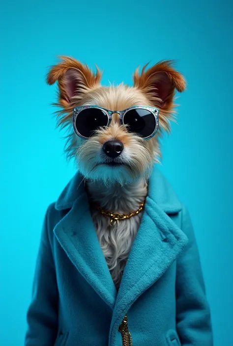 A Border Collie wearing sunglasses stands