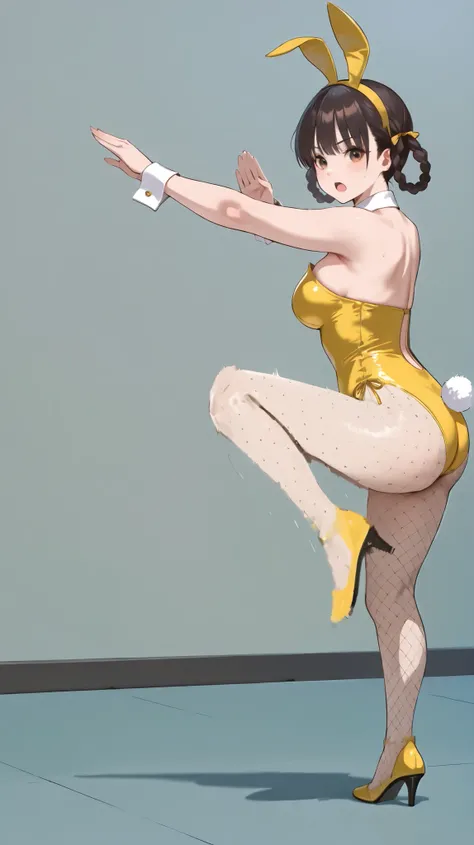 ((((Masterpiece)))), (((( top quality)))), high definition,fine grain, detailed face , ,1girl,,,,, black hair, side braids, twin braids, braided hair rings, (brown eyes,,,,,,beautiful eyes:1.0), bangs,slender,,,,,,,, leifan, ,,,cleavage,,,,yellow bunny...