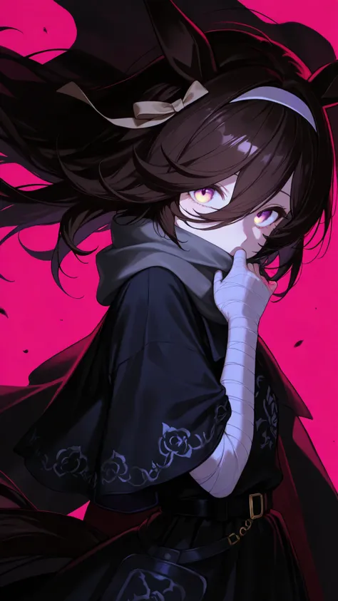 rcs casual, rice shower (umamusume), animal ears, bangs, brown hair, brown ribbon, hair bow, hair over one eye, hair ribbon, hairband, horse ears, horse girl, horse tail, long hair,violet eyes, white hairband, 748cmstyle,(looking at viewer, side shot:0.72)...