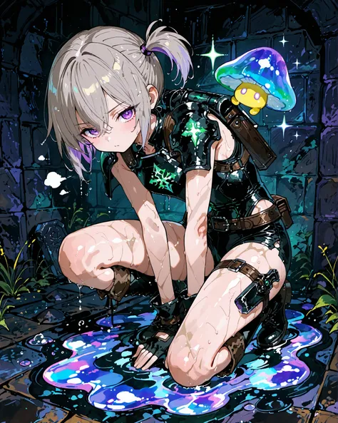 masterpiece, best quality, ultra-detailed, perfect anatomy, 
748cmstyle, 
anime style, (chibi:1.5), full body, solo, 1girl, young female adventurer, silver hair in side ponytail, purple eyes, slim athletic body, medium chest, long legs, wearing black-brown...
