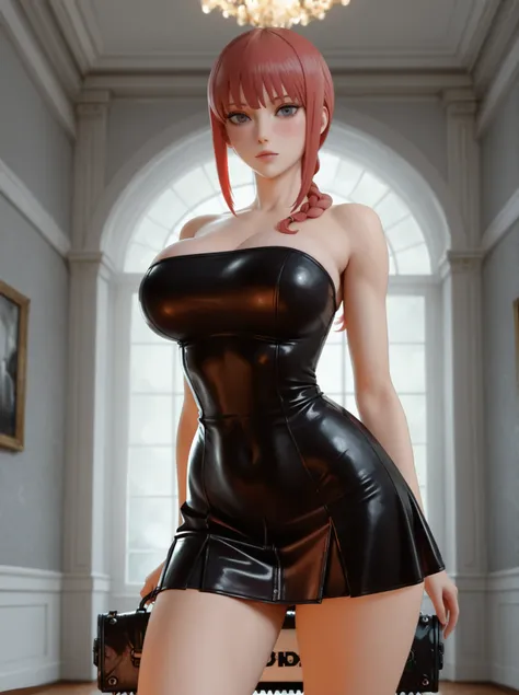 Masterpiece background , the best quality suit ,strength,, pretty face,piel clara, cabello brillante , ultra detailed eyes  ,highly detailed leather leather Blush,, big breasts, strapless tube dress with hole design (SKNSFW ), short dress, strapless dress,...