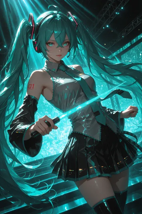 miku hatsune, ahoge, aqua eyes, aqua hair, crossed bangs, hair between eyes, hair ornament, headphones, long hair, twintails, aqua necktie, black footwear, black skirt, black sleeves, boots, collared shirt, detached sleeves, grey shirt, necktie, pleated sk...