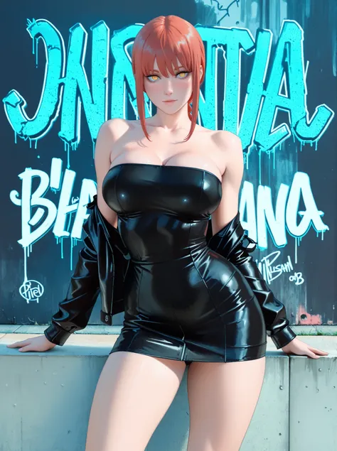 Masterpiece background , the best quality suit ,strength,, pretty face,piel clara, cabello brillante , ultra detailed eyes  ,highly detailed leather leather Blush,, big breasts, strapless tube dress with hole design (SKNSFW ), short dress, strapless dress,...