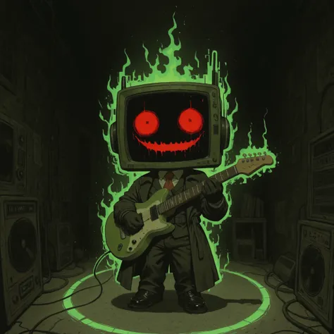 [The Horror Radio], (masterpiece, best quality:1.2), (high detail, sharp lighting), 
solo, 1boy, craze_face, radio_head, vintage television face, glowing circle eyes, glitch_face, (playing and holding a electric_guitar green_aura:1.2), chibi, blue digital ...