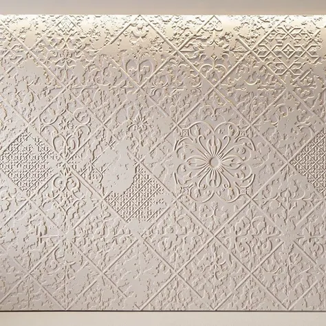 Gypsum ornament with oriental motifs, slightly worn plaster, diamond ornament, uniform lighting, light milky.