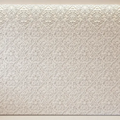 Gypsum ornament with oriental motifs, slightly worn plaster, diamond ornament, uniform lighting, light milky.