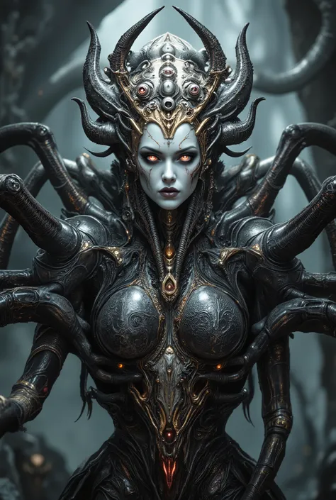 "realistic spider queen, female humanoid upper body fused with monstrous spider legs, dark chitin armor, bioluminescent red eyes, multiple eyes on forehead, pearl white and golden and crimson tones, highly detailed organic textures, sinister expression, fa...