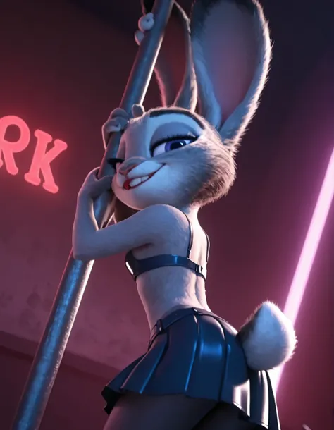 judyhopps, solo, viewed from below, interior, (backside), backside close up, dark lighting, backlighting, rim light, standing, head tilt, BREAK best quality, high quality, masterpiece, purple eyes, half closed eyes, seductive stare, latex purple micro bra,...