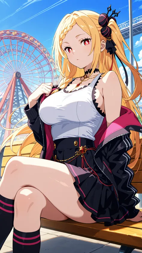 BREAK (masterpiece:1.2), best quality, high resolution,8k wallpaper, (illustration:0.8), (beautiful detailed eyes:1.6),Realistic anime nighttime park with a massive roller coaster looping through the dark, rails lined with vibrant shifting neon, spinning r...