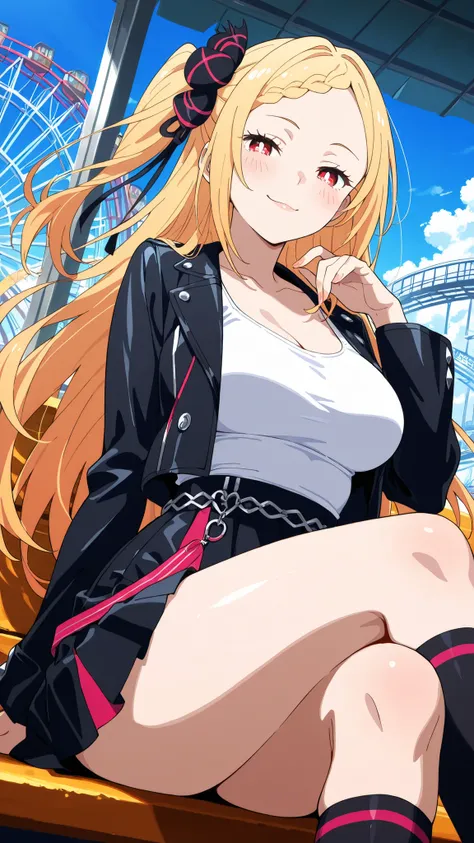 BREAK (masterpiece:1.2), best quality, high resolution,8k wallpaper, (illustration:0.8), (beautiful detailed eyes:1.6),Realistic anime nighttime park with a massive roller coaster looping through the dark, rails lined with vibrant shifting neon, spinning r...