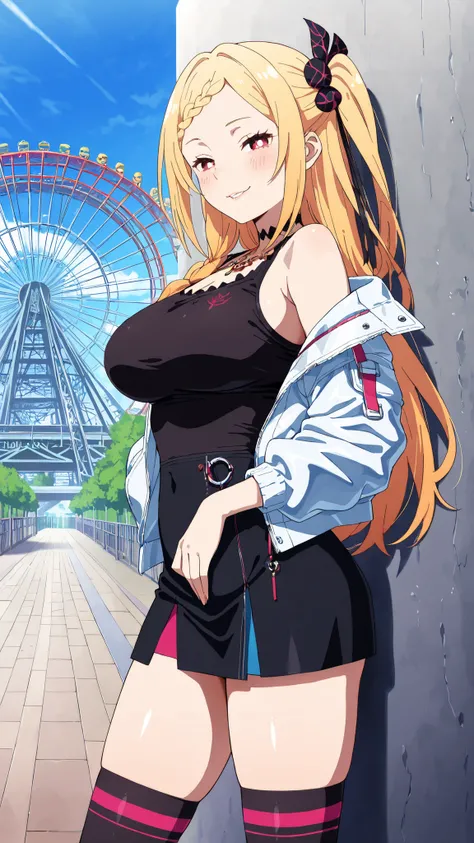 BREAK (masterpiece:1.2), best quality, high resolution,8k wallpaper, (illustration:0.8), (beautiful detailed eyes:1.6),Realistic anime nighttime park with a massive roller coaster looping through the dark, rails lined with vibrant shifting neon, spinning r...