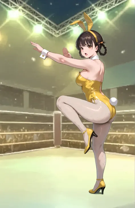 ((((Masterpiece)))), (((( top quality)))), high definition,fine grain, detailed face , ,1girl,,,,, black hair, side braids, twin braids, braided hair rings, (brown eyes,,,,,,beautiful eyes:1.0), bangs,slender,,,,,,,, leifan, ,,,cleavage,,,,yellow bunny...