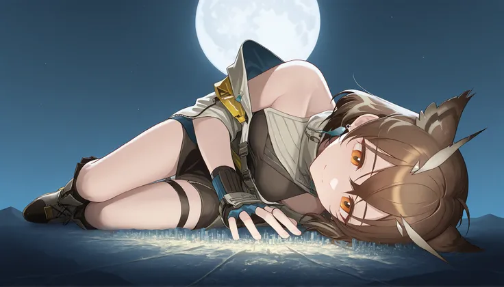 (1girl: 1.1), (skinny), (sky background: 1.1), (macro size: 1.2), silence_the_paradigmatic_\(arknights\), orange eyes, brown hair, feather hair, owl ears, earrings, fingerless glove, thigh strap, off shoulder, black dress, jacket, boots, below view, (happy...