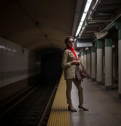 Come una foto, alta definizione, capolavoro, mysterious woman waiting on the subway platform, red scarf, occhiali da sole, trench coat, guanti di pelle, old leather bag, station clock , nervousness of the meeting, looking for someone, un passante々, Arrival...