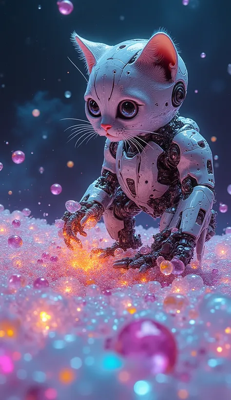 closeup zoom,(macro:1) photo,cute robotic kitty cat plays on,(mandelbulb fractals:4) thousand shards of colorful glass candy on an opalescent countertop,condensation,effervescent,detailed,intricate,key light,backlight,fill light,three-point lighting, nebul...