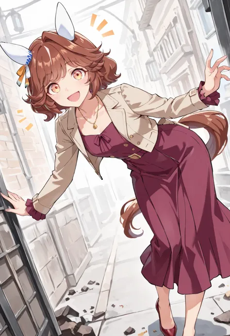 (masterpiece, best quality, perfect face:1.4), wide angle, haiseiko \(umamusume\), 1girl, brown hair, orange eyes, ear covers, horse ears, ear ornament, horse tail, tail on the lower back, proportional body, proportional,1 girl, beautiful hair, beautiful f...