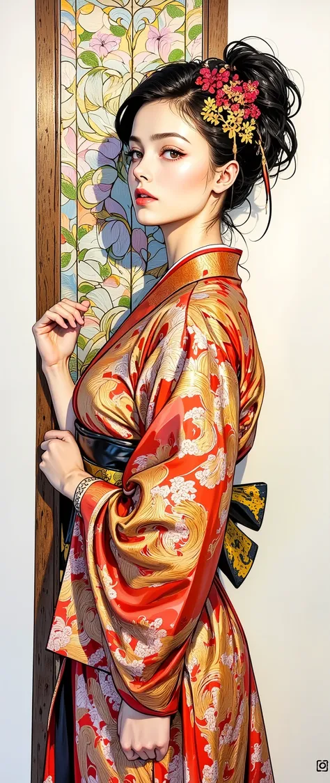 pop art、Digital Art、drawn with brown ink on white paper、 Japanese kimono、White and brown brushstrokes、 a sad expression 、upper body、The thin oblique 、very detailed and dynamic、 express shadows with precise lines 、Delicate and accurate expression、salvia dan...