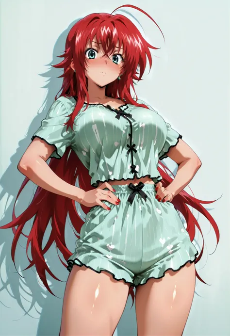 rias gremory, huge ahoge, long hair, hair between eyes, green eyes, red hair, nail polish, red nails, earclip, shiny skin, shiny hair, shiny body, clear body, nose blush, nice legs, nice legs, looking at viewer, standing, nice legs, ht_pajamas,laces, leani...