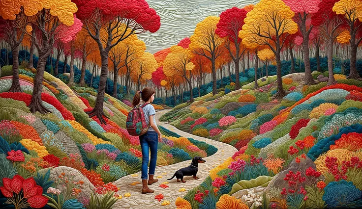 a girl with her dog taking a walk through the trees in autumn, leaves fly with the wind, she walks with her dog dachshund, she wears jeans and a t-shirt, DESIGN STYLE WITH A BACKPACK ON THE BACK. 