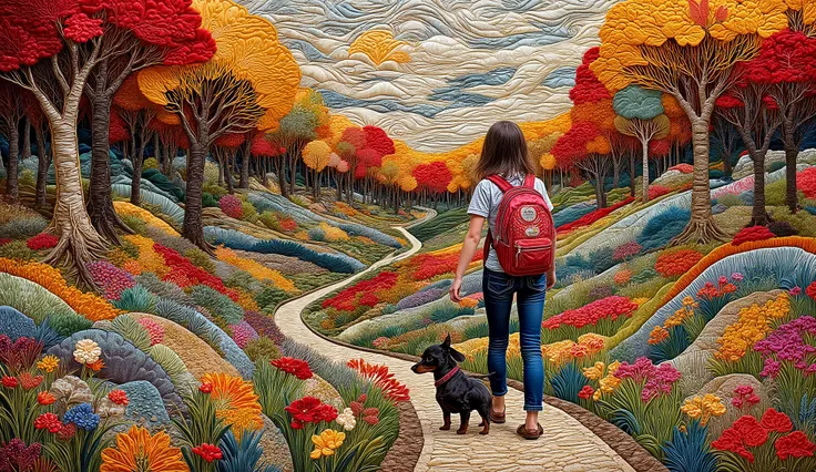 a girl with her dog taking a walk through the trees in autumn, leaves fly with the wind, she walks with her dog dachshund, she wears jeans and a t-shirt, DESIGN STYLE WITH A BACKPACK ON THE BACK. 