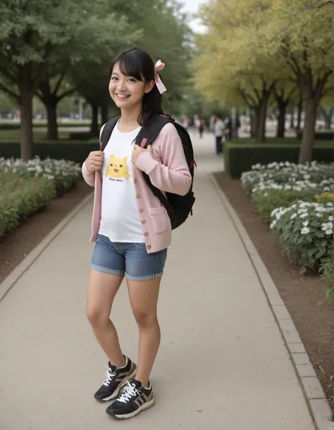 Masterpiece, hd, best quality, realistic, 1girl, black hair, ponyails, hair ribbon, yellow eyes, smile, happy, hair ribbon, white t-shirt, pink cardigan, denim minipants, standing, outdoor, park, fullbody, wearing white sneakers, wearing backpack