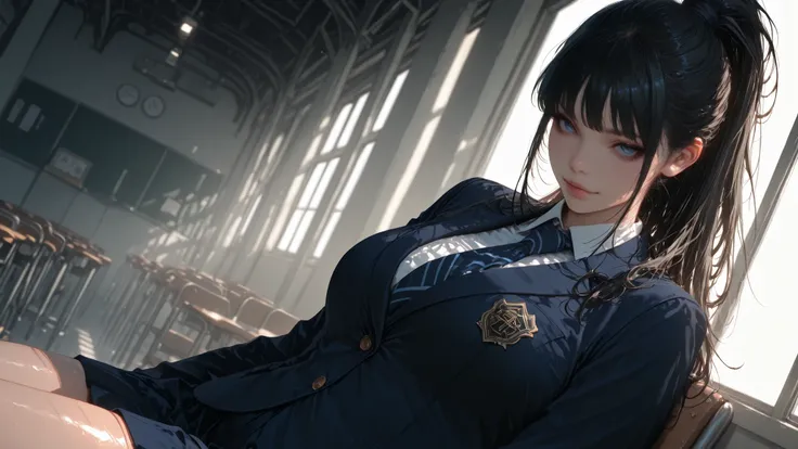 super realistic skin , shiny skin, Masterpiece , high quality , super detailed , solo , Long black hairstyles tied in a sexy ponytail in a posh school、seductive blue eyes , Beautiful high school girls in miniskirts , Blazer uniform、Morning to school , lig...