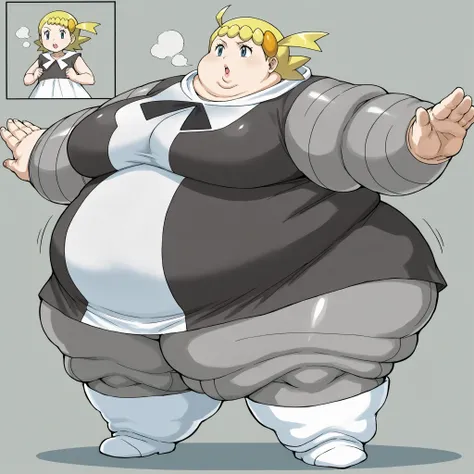 zzBonnie, bonnie_(pokemon), blue eyes, ahoge, blonde hair, large breasts
black and white dress, two-tone dress, grey bodysuit, bodysuit under clothes, grey pants, white boots, large breasts, fat, chubby, obese, fat neck, multiple chins, big breasts open mo...