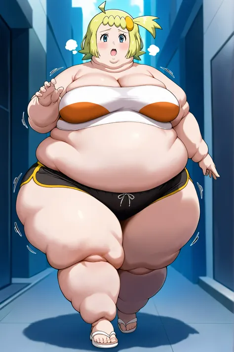 (masterpiece, ultra high definition, 16k, intricate), sharp focus, crisp details,
1girl, solo,
curvy, breasts, wide hips, twitching,
zzBonnie, bonnie_(pokemon), blue eyes, ahoge, blonde hair, hair ornament, short hair, side ponytail, tube top, midriff, dol...