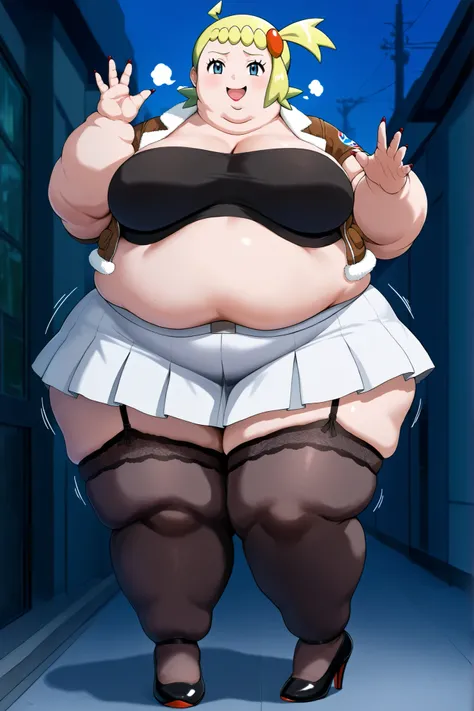 (masterpiece, ultra high definition, 16k, intricate), sharp focus, crisp details,
1girl, solo,
curvy, breasts, wide hips, twitching,
zzBonnie, bonnie_(pokemon), blue eyes, ahoge, blonde hair, hair ornament, short hair, side ponytail, furr jacket, tube top,...