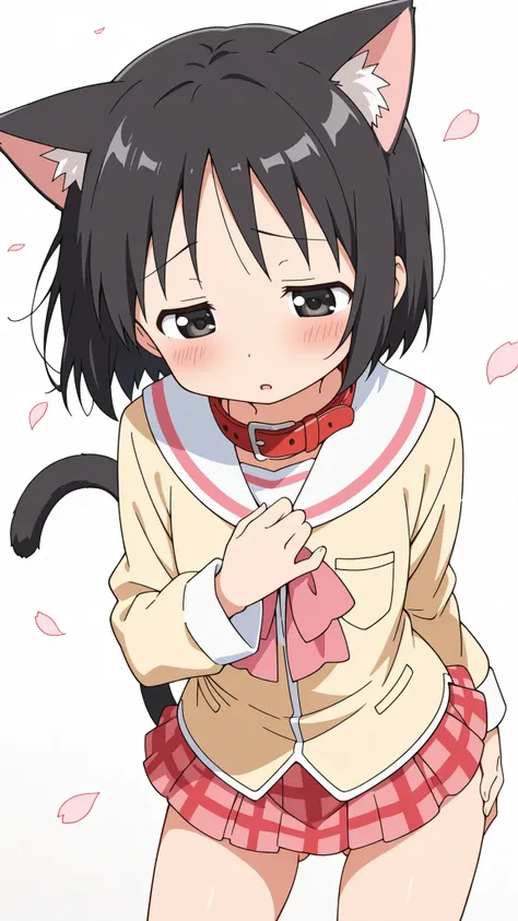 ((from above)),((fidgeting)),((face focus)),nsfw,((anime syale)),score_9, score_8_up, score_7_up, source_anime,shinonome nano,yasuna oribe,short hair, (black eyes),half-closed eyes,(black hair),black Cat ears,black Cat tail,((red leather collar)),(white ba...