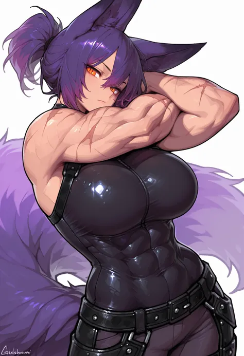 gorgeous kitsune girl, beautiful face, kitsune, purple color hair, hunter girl, orange eyes, slit pupils, detailed eyes, personalami style, volputrous body, covered breasts, curvy and athletic, kitsune ears, hair tied in a ponytail, lean muscles, black bod...