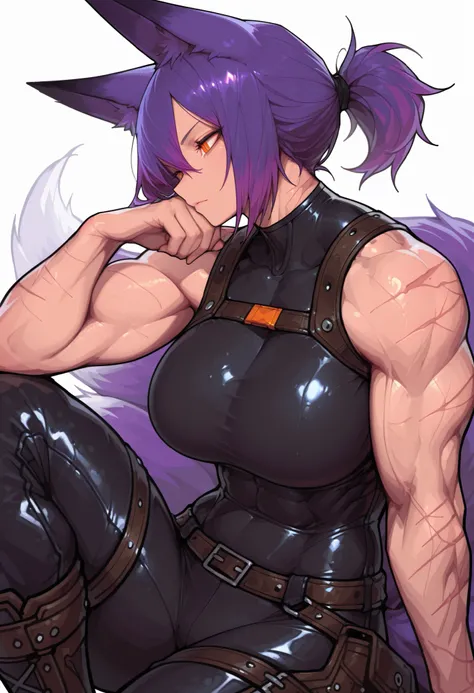 gorgeous kitsune girl, beautiful face, kitsune, purple color hair, hunter girl, orange eyes, slit pupils, detailed eyes, personalami style, volputrous body, covered breasts, curvy and athletic, kitsune ears, hair tied in a ponytail, lean muscles, black bod...