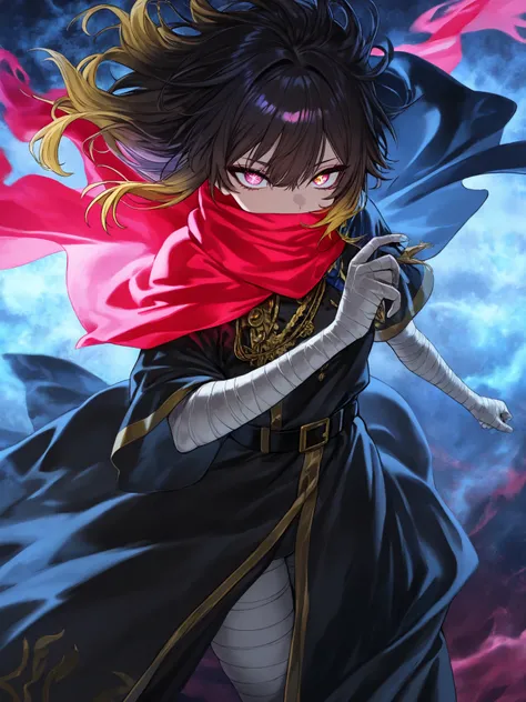 748cmstyle,(looking at viewer, side shot:0.72), warrior, (face shot:1.1), (1girl:0.665), solo, masterpiece, best quality, amazing quality, very aesthetic, high resolution, ultra-detailed, thick hair, multicoloured hair, (covered mouth:1.3), ruffled hair, t...