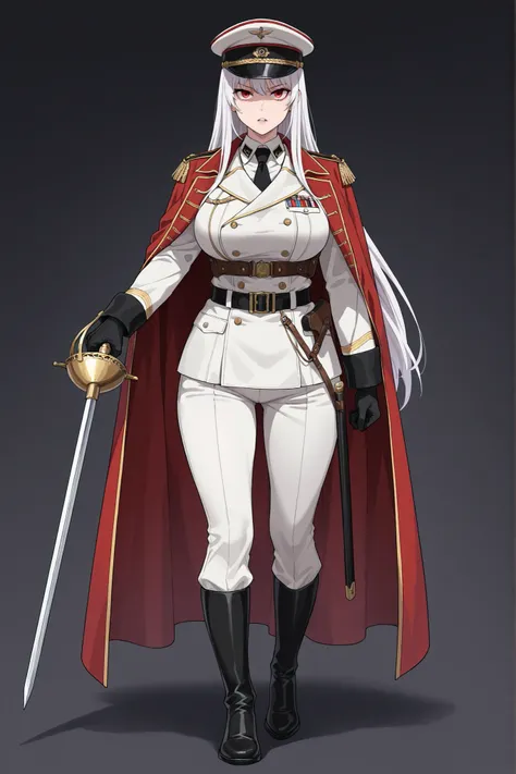 1girl, solo, perfect, masterpiece, best quality, college age, full body high-definition, front view, looking at viewer, serious stern stoic parted lips, white hair, straight long hair, red eyes, lip gloss, large breasts, white imperial military hat, black ...