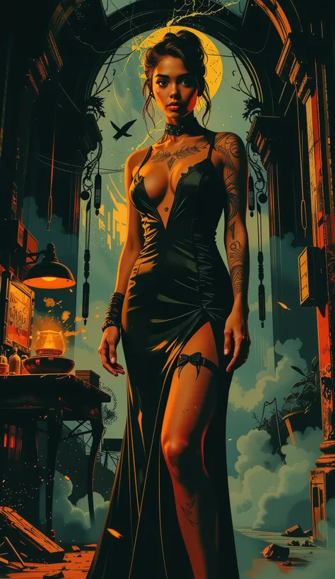 Impressionist surrealism, photo-realistic bizarre portrait of a beautiful, majestic caucasian half-Black lady—graceful yet an outcast, radiating eldritch aura and supernatural mystery. Deep golden-brown skin glows with lifelike detail. She stands in a dram...