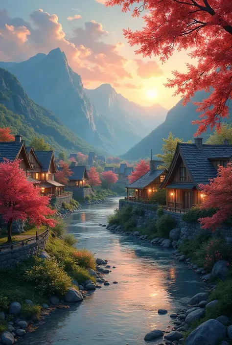 a small village by the river，Background is mountains，Flowers bloom，Brightly colored，Detailed Scenery，Beautiful Natural Scenery，Ambiance Lighting，Burning Sunsets，warm colors，utility，utility摄影，Detailed Leaves，Intricate architecture，cobblestone streets，charmi...