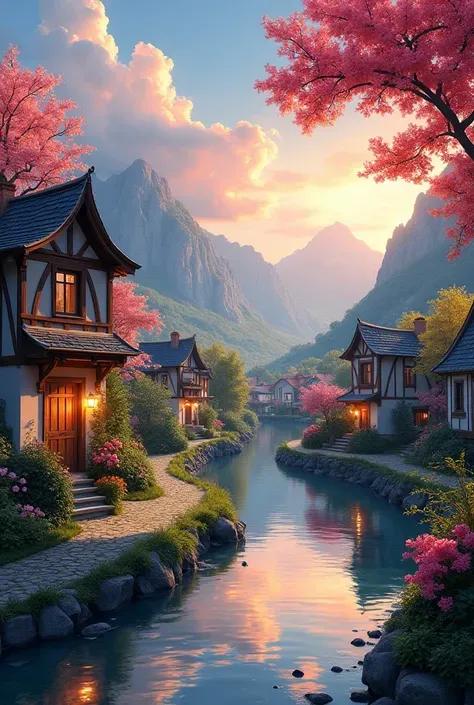 a small village by the river，Background is mountains，Flowers bloom，Brightly colored，Detailed Scenery，Beautiful Natural Scenery，Ambiance Lighting，Burning Sunsets，warm colors，utility，utility摄影，Detailed Leaves，Intricate architecture，cobblestone streets，charmi...