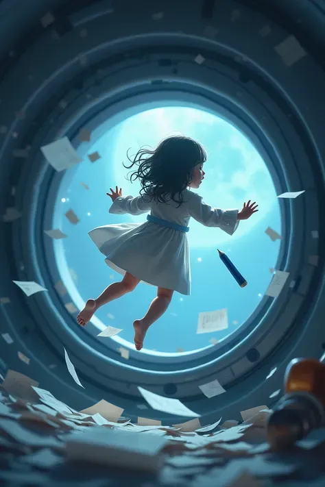 girl floating in a spaceship in zero gravity, surrounded by drifting paper, A floating pencil, and starlight peeking through a porthole. The scene captures quiet curiosity in isolation. illustrated in a sci-fi conceptual art style, rendered with soft gradi...