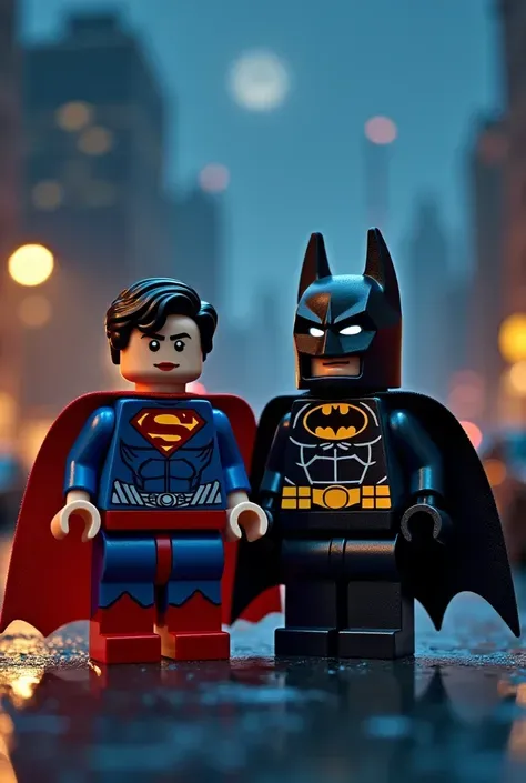 Lego art version of Superman and Batman，Night scene