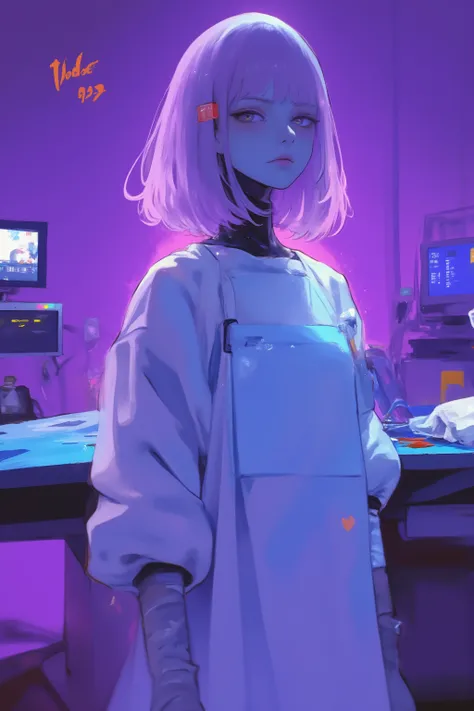 doctor woman standing at the back of the operating table,Half a machine but a human figure,Mysterious and Fantastic Atmosphere,wear a surgical gown over the scrub、are sterilized gowns that prevent transmission of liquids and microorganisms,have airtight cu...