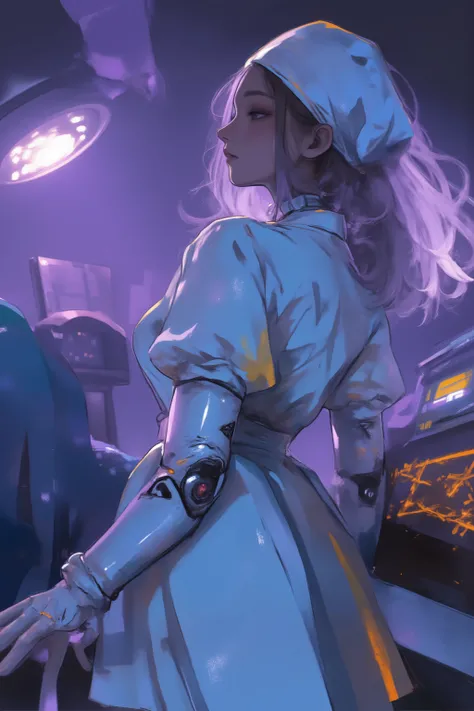 doctor woman standing at the back of the operating table,Half a machine but a human figure,Mysterious and Fantastic Atmosphere,Prosthetic arm,wear a surgical gown over the scrub、are sterilized gowns that prevent transmission of liquids and microorganisms,h...