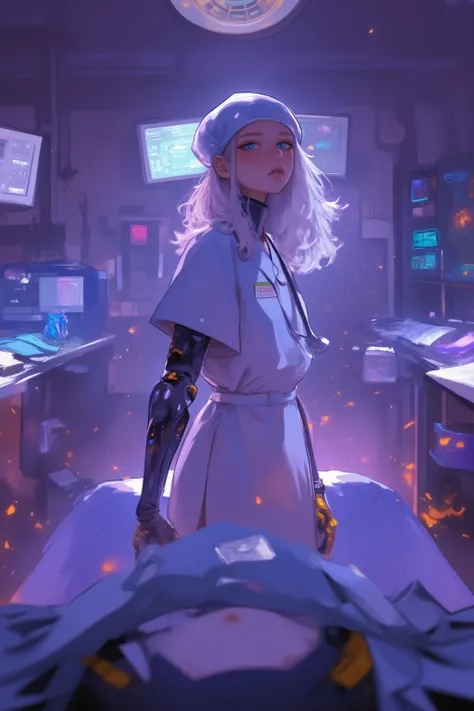 doctor woman standing at the back of the operating table,Half a machine but a human figure,Mysterious and Fantastic Atmosphere,Prosthetic arm,wear a surgical gown over the scrub、are sterilized gowns that prevent transmission of liquids and microorganisms,h...
