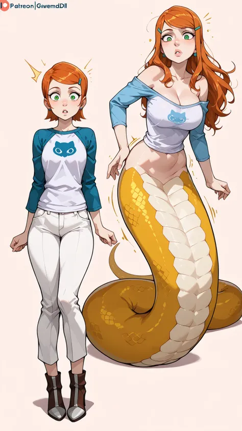 masterpiece,  best quality, transformation, mtf, transformation sequence, before and after,girl transforms into lamia, (1girl,  GwenSDXL,1girl,short hair,shirt,hair ornament,long sleeves,jewelry,green eyes,earrings,hairclip,pants,orange hair,swept bangs,ra...