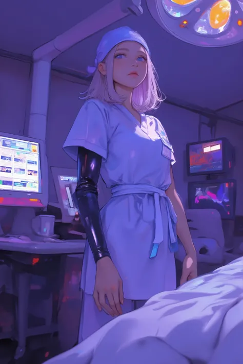 doctor woman standing at the back of the operating table,Half a machine but a human figure,Mysterious and Fantastic Atmosphere,Prosthetic arm,wear a surgical gown over the scrub、are sterilized gowns that prevent transmission of liquids and microorganisms,h...