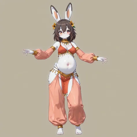 (1girl, solo, rabbit girl, furry, Kemono, Fluffy fur, coloured fur, two tone fur, dark brown hair, medium hair, hair between eyes, hair flower, agate eyes, medium breasts, cleavage, sagging breasts, navel, big belly, wide hips, belly dancer, arabian harem ...