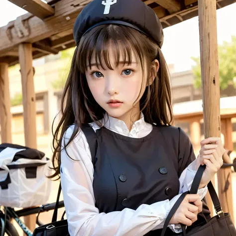     
Woman delivering mail on bicycle、(cute woman, Adorable Heroine),( On:1.25),1girl,  cowboy shot, troubled expression, 
Postman, 18, small breasted,small breasted、flat chest、（small top:1.6）、
black cap,Red Bicycle,big black bag,dark blue uniform 
Pink Ey...