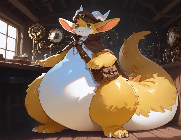 full body, furry, dragon, wide bottom, heavy bottom, wided legs, long digitigrade leg, giant pearshape body, no nipple,(detailed face),4k ultfigurelity, (4k half body view:1.0),ultra high detailed body,feral dragon,(cute face:1.3),yellow fur,green eyes,whi...