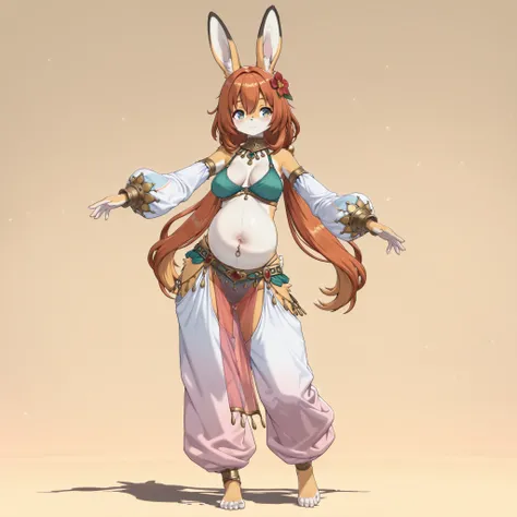 (1girl, solo, rabbit girl, furry, Kemono, Fluffy fur, coloured fur, dark caramel fur, two tone fur, dark caramel hair, long hair, hair between eyes, hair flower, emerald eyes, medium breasts, cleavage, sagging breasts, navel, big belly, wide hips, belly da...